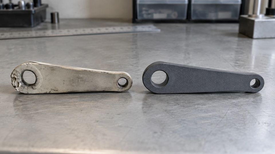 Verschlissenes Originalteil neben dem nachgefertigten Ersatzteil