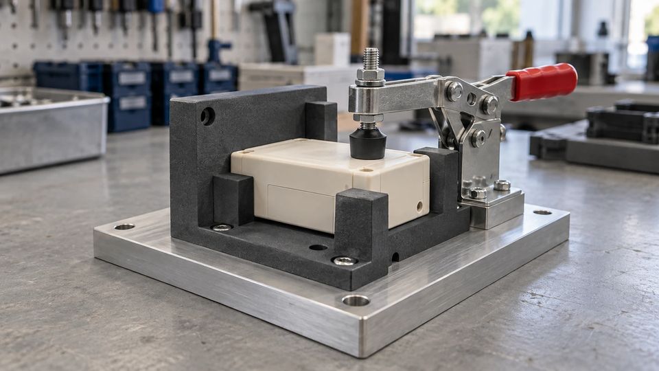 Gedruckte Aufnahme mit Schnellspanner auf einer Aluminiumplatte, Werkstück eingelegt
